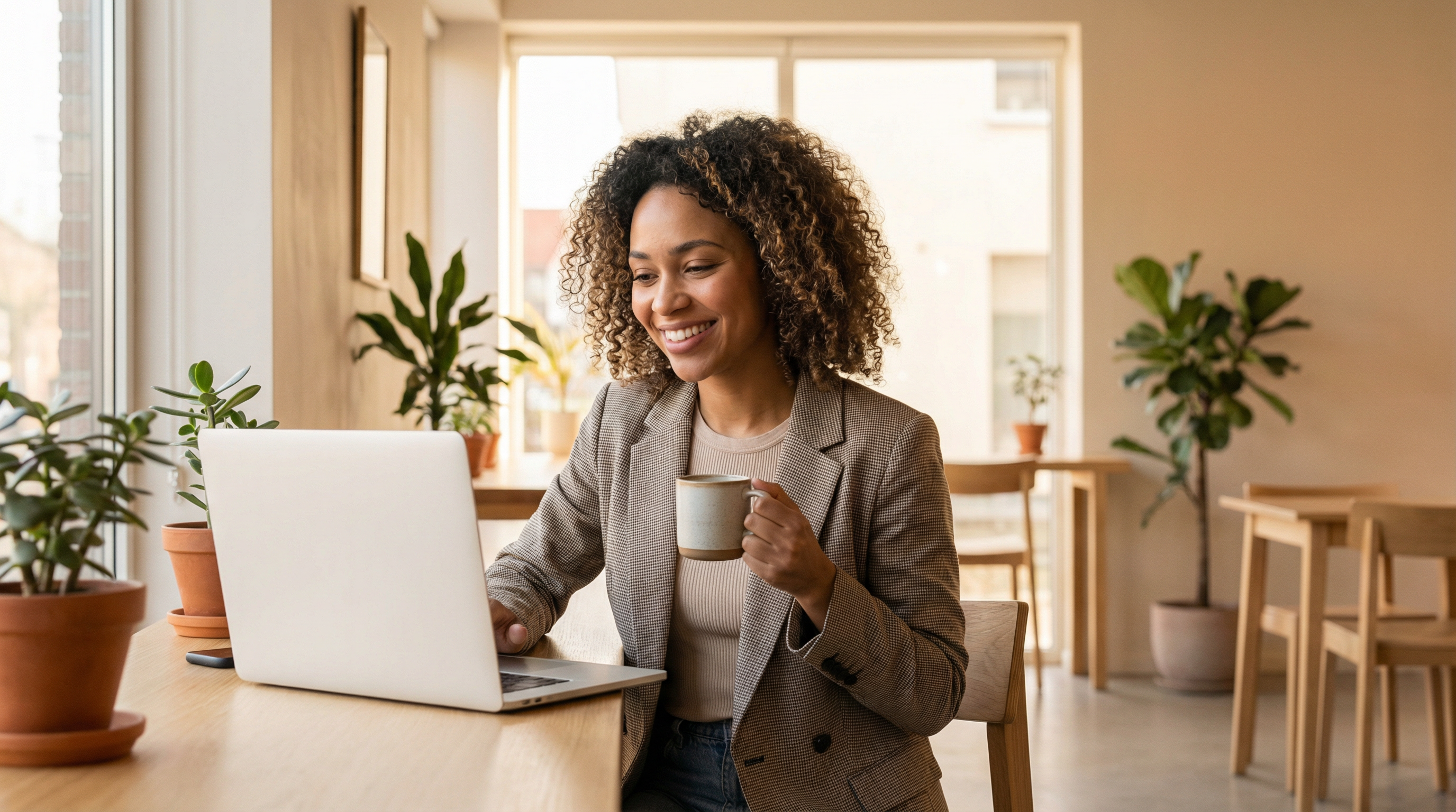 Happy entrepreneur working on laptop